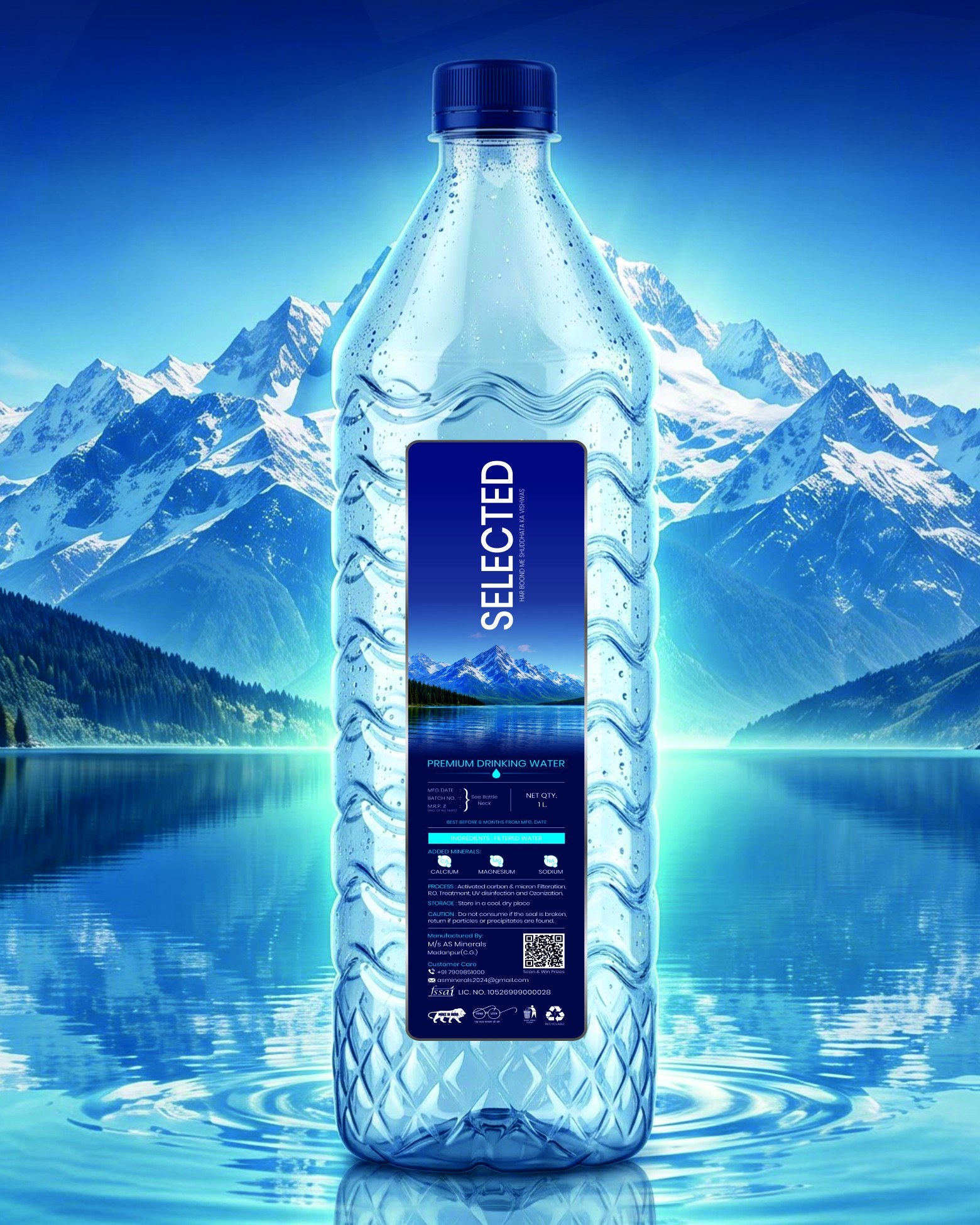 SELECTED bottle in front of a mountain lake